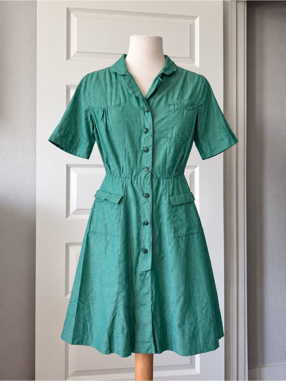 Vintage 50s/60s Official Girl Scouts Green Cotton Uniform Shirtwaist Dress